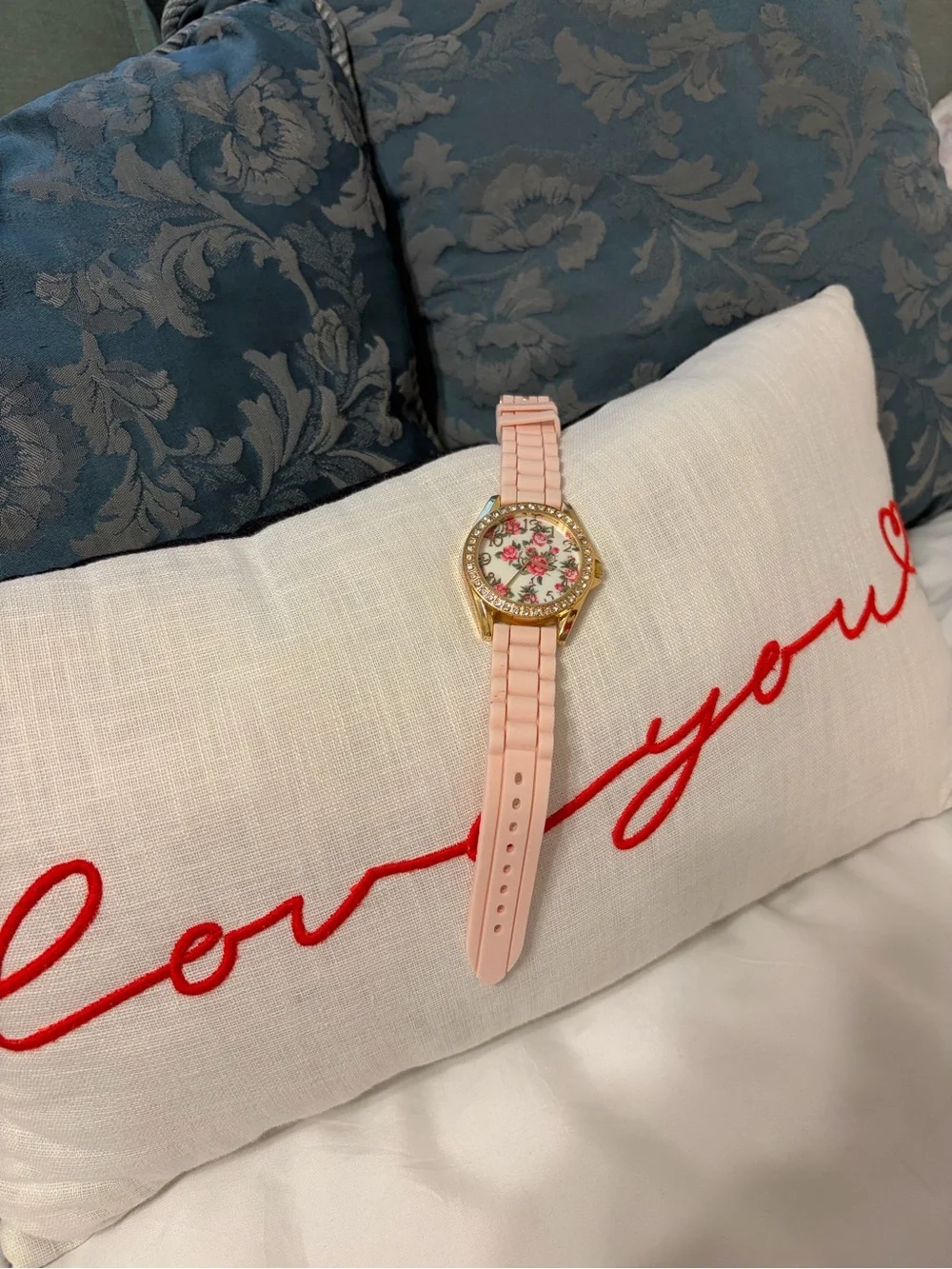 Women's Pink Floral Dial Gold Accent Watch
